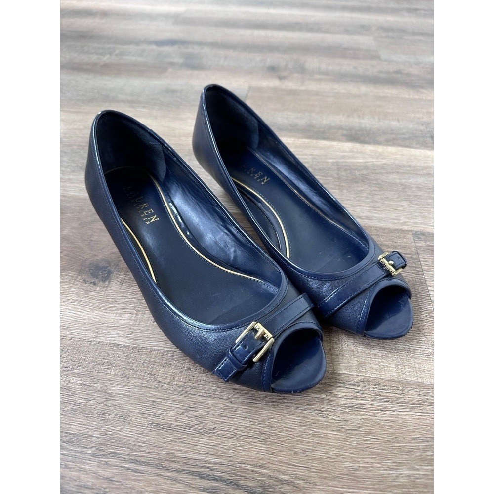 Ralph Lauren Madison Wedge Buckle Slip On Blue Peep Toe Shoes Women's Sz 8.5B